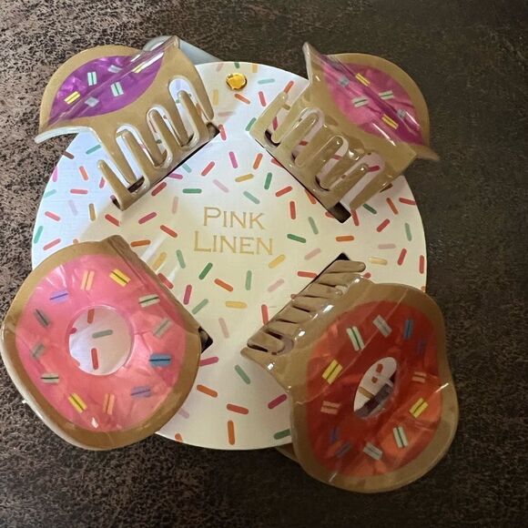 Pink Linen Sprinkled Donut Hair Clips 4 Pack - Picture 4 of 6